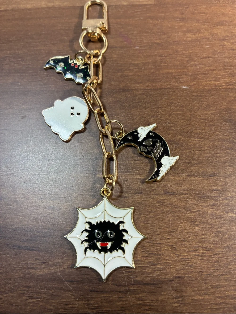 Gold-Tone Halloween Charm Key Chain or Bag Chain with White Ghost Accent